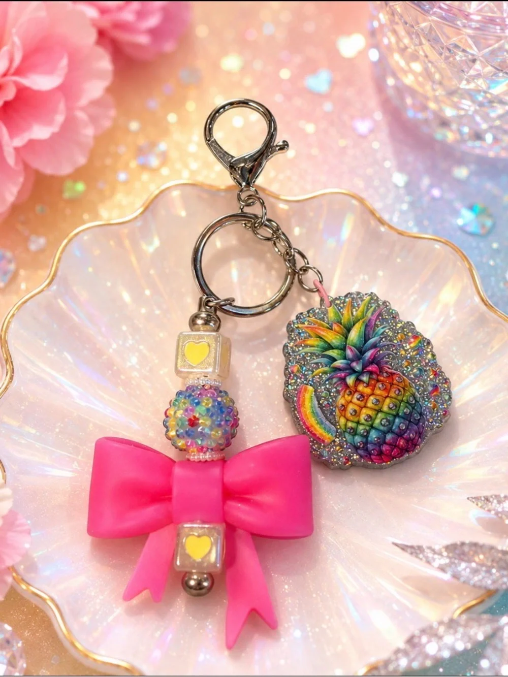 Hand Crafted Pink Bow & Rainbow Pineapple Keychain